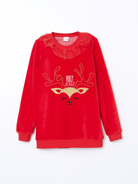 LCW Kids Bisiklet Yaka Yılbaşı Temalı  Kadife Kız Çocuk  Pijama Üst - W4EK58Z4-HMW