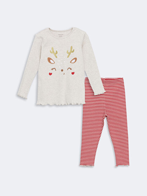 LCW baby Bisiklet Yaka Yılbaşı Temalı Kız Çocuk Pijama Takımı - W4EO08Z1-E4S