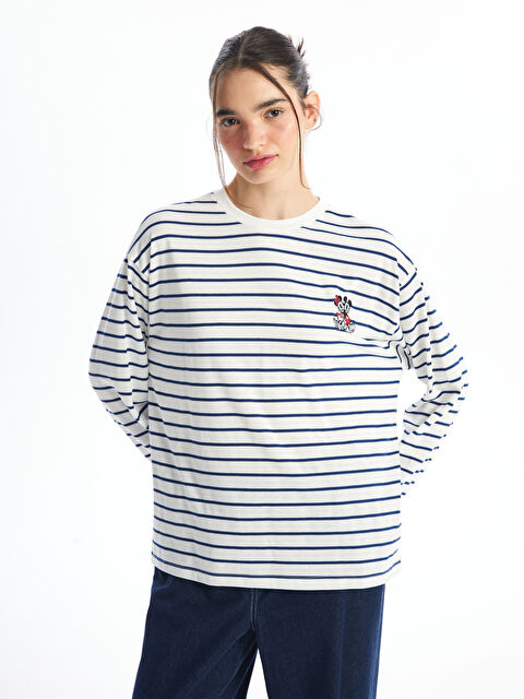 XSIDE Bisiklet Yaka Mickey Mouse Nakışlı Uzun Kollu Kadın Tişört - W4ET08Z8-LEN