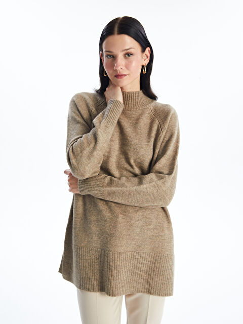 LCW Modest Dik Yaka Düz Oversize Kadın Triko Tunik - W4EV78Z8-JUG