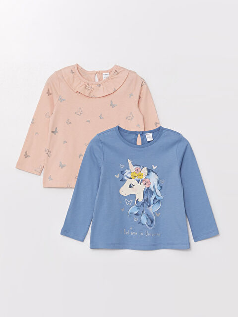 LCW Kids Bisiklet Yaka Uzun Kollu Baskılı Kız Çocuk Tişört 2'li - W4FB77Z1-QZ8