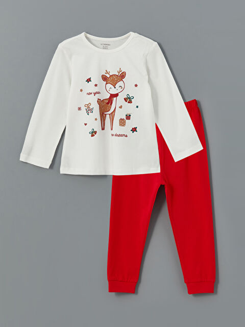 LCW Kids طقم بيجاما للبنات بطابع عيد الميلاد برقبة دائرية - W4FF99Z1-FDV