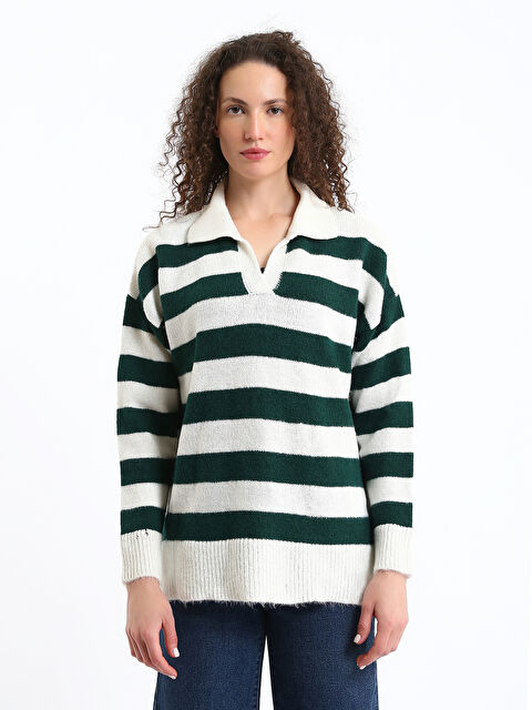 LCW Vision Polo Neck Color Block Oversize Women's Knitwear Sweater - W4FG97Z8-LFL