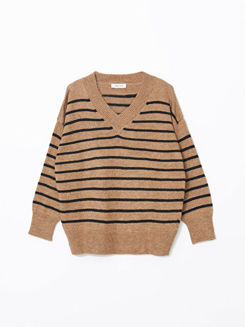 LCW Vision V Neck Striped Oversize Women's Knitwear Sweater - W4FG98Z8-LEG