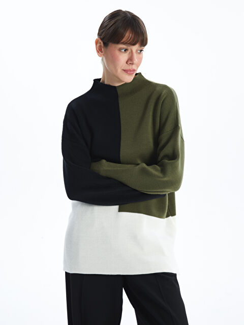 LCWAIKIKI Classic Mock Turtleneck Color Block Women's Knit Tunic - W4FH43Z8-YLK