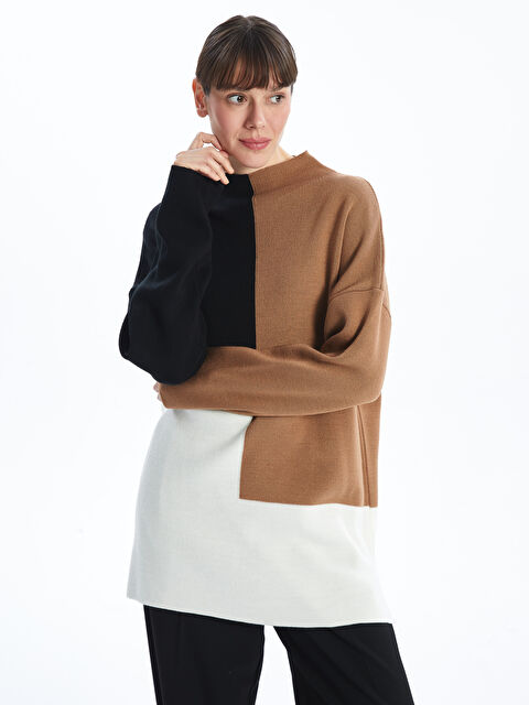 LCWAIKIKI Classic Mock Turtleneck Color Block Women's Knit Tunic - W4FH43Z8-YLN