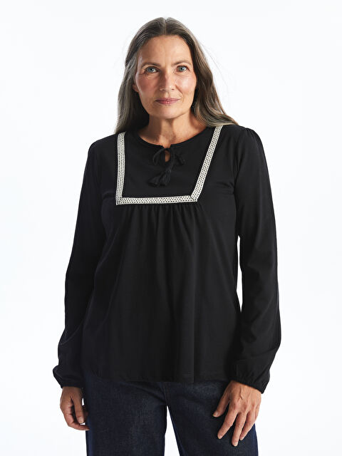 LCW Grace Bağlamalı Yaka Nakışlı Uzun Kollu Kadın Bluz - W4FI60Z8-CVL