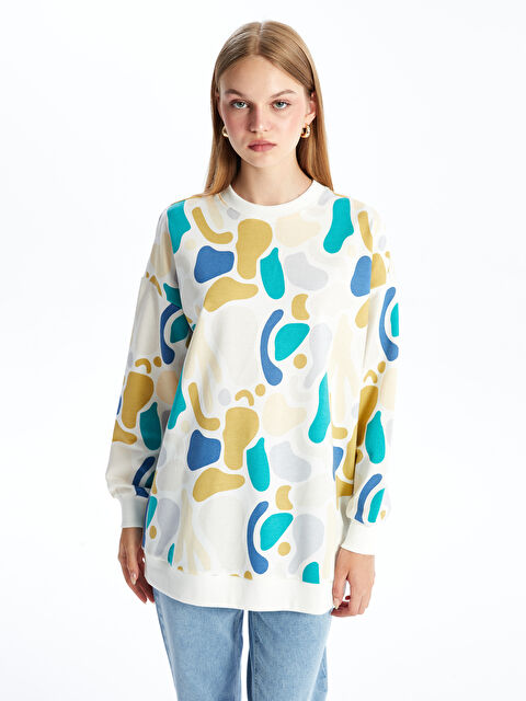 LCW Modest Bisiklet Yaka Desenli Kadın Sweatshirt Tunik - W4FI80Z8-LQB
