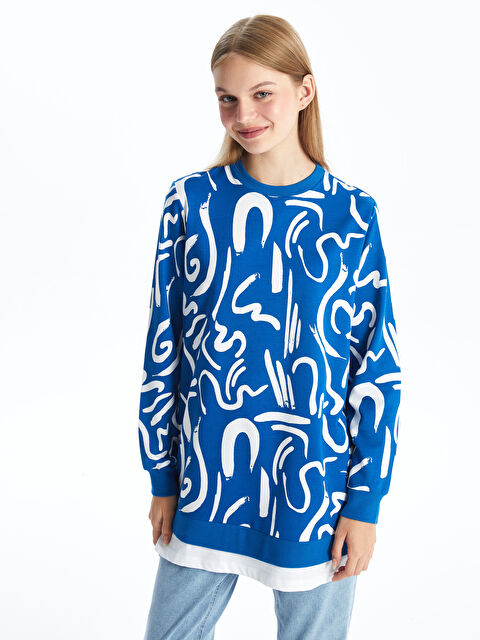 LCW Modest Bisiklet Yaka Desenli Kadın Sweatshirt Tunik - W4FI82Z8-LSJ