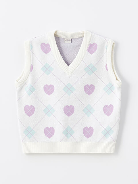 LCW Kids V Yaka Desenli Kız Çocuk Triko Süveter - W4FL02Z4-MJQ