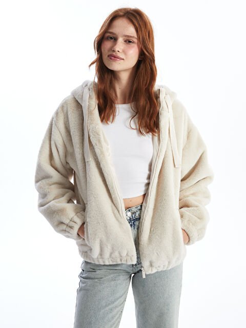 XSIDE Kapüşonlu Oversize Kadın Pelüş Mont - W4FL54Z8-EEW