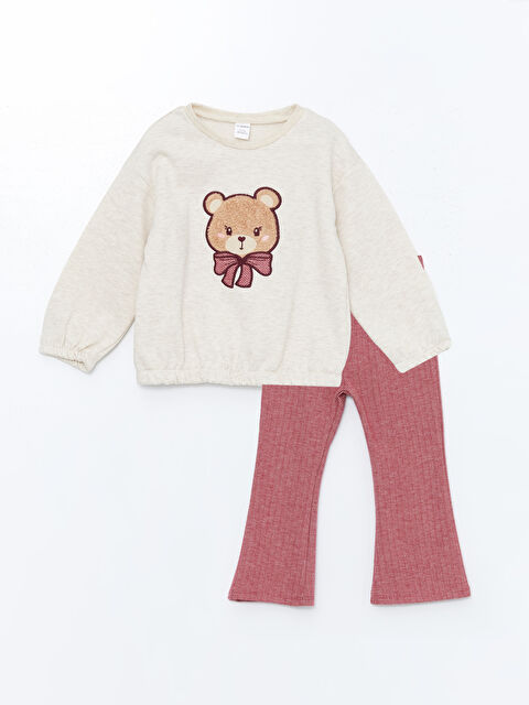 LCW Kids Bisiklet Yaka Uzun Kollu Nakışlı Kız Çocuk Sweatshirt ve Tayt 2'li Takım - W4FM84Z1-L8Q