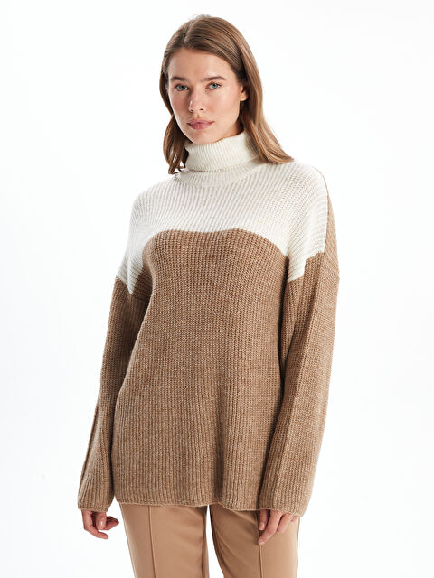 LCW Modest سترة تريكو بكول عالي بلوك ديال الألوان نساء