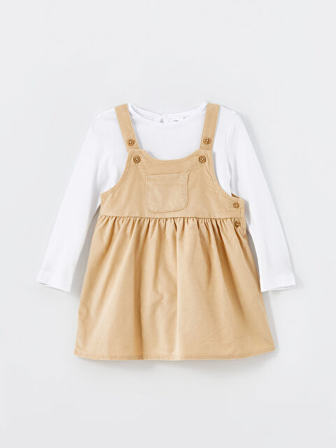 LCW ECO Kare Yaka Kadife Kız Çocuk Salopet ve Tişört 2'li - W4FN59Z1-FYW