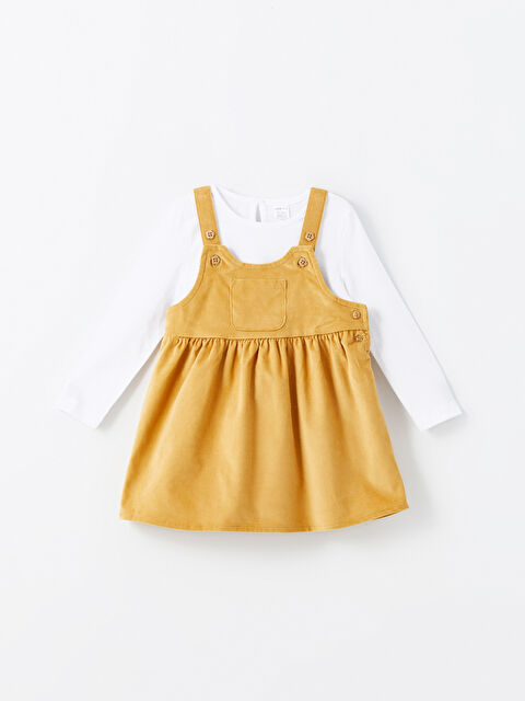 LCW ECO Kare Yaka Kadife Kız Çocuk Salopet ve Tişört 2'li - W4FN59Z1-V5E