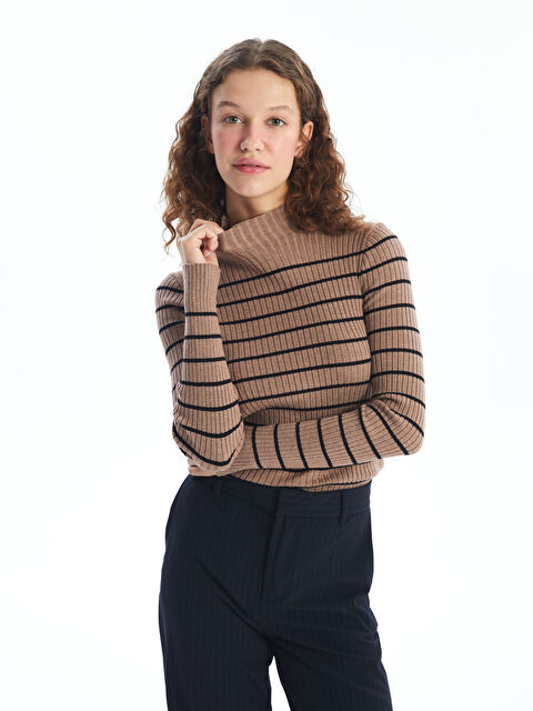 LCW Vision Yarım Balıkçı Yaka Çizgili Uzun Kollu Kadın Triko Kazak - W4FR47Z8-LEW