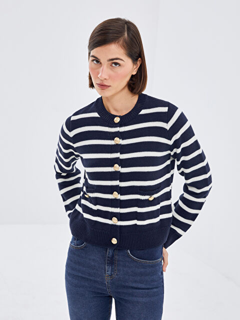 LCW Vision Bisiklet Yaka Çizgili Kadın Triko Hırka - W4FS31Z8-HFH