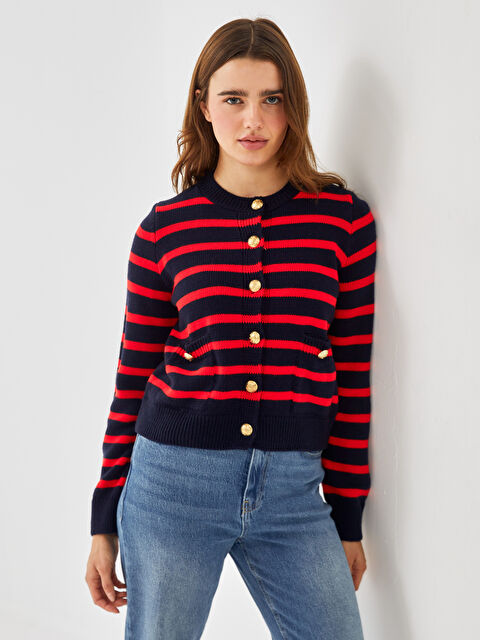 LCW Vision Bisiklet Yaka Çizgili Kadın Triko Hırka - W4FS31Z8-LJE