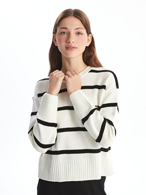 LCW Vision Bisiklet Yaka Çizgili Uzun Kollu Kadın Triko Kazak - W4FS72Z8-LEG