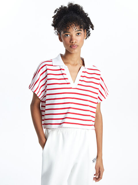 XSIDE Polo Yaka Çizgili Kısa Kollu Oversize Kadın Crop - W4G388Z8-R9J
