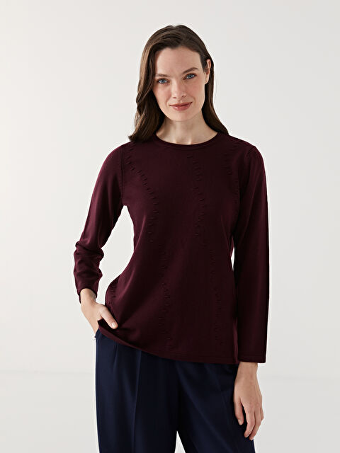 LCW Grace Bisiklet Yaka Kendinden Desenli Kadın Triko Kazak - W4G643Z8-HEN