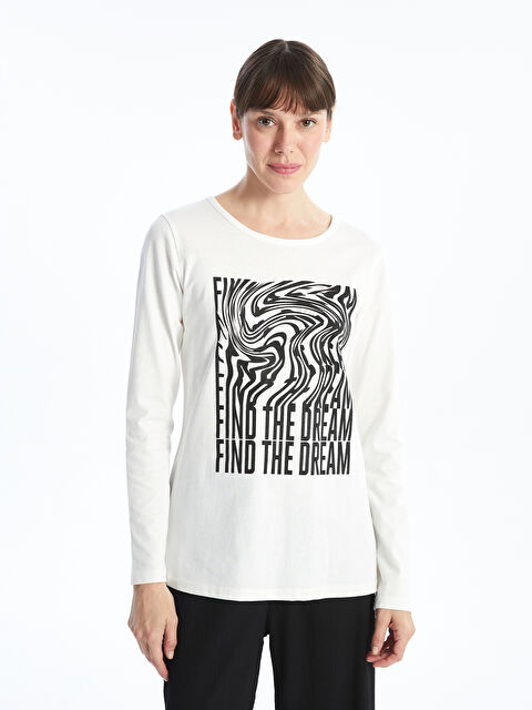 LCW ECO Bisiklet Yaka Baskılı Uzun Kollu Kadın Tişört - W4G758Z8-J5E