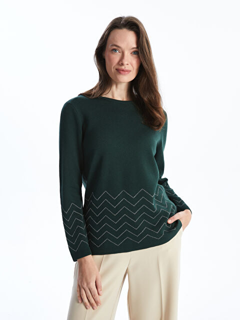 LCW Grace Bisiklet Yaka Desenli Kadın Triko Kazak - W4GC05Z8-HHQ