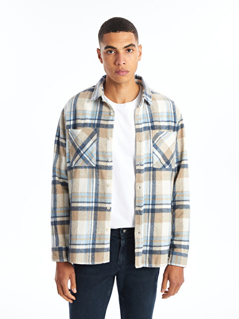 XSIDE قميص رجالي بأكمام طويلة ونقشة مربعات بقماش الجبردين بقصة عادية - W4GC62Z8-LKQ