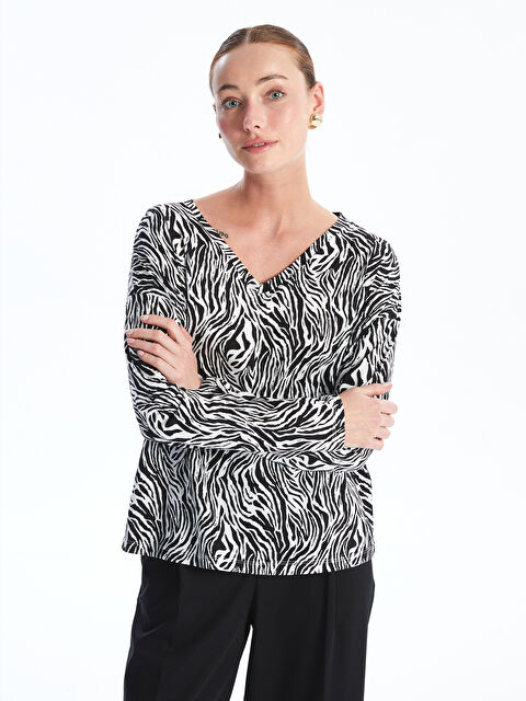 LCW ECO V Yaka Desenli Uzun Kollu Kadın Bluz - W4GM98Z8-SW5