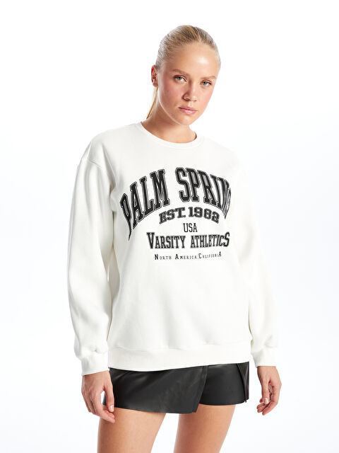 XSIDE Bisiklet Yaka Baskılı Oversize Kadın Kalın Sweatshirt - W4GR40Z8-R9J