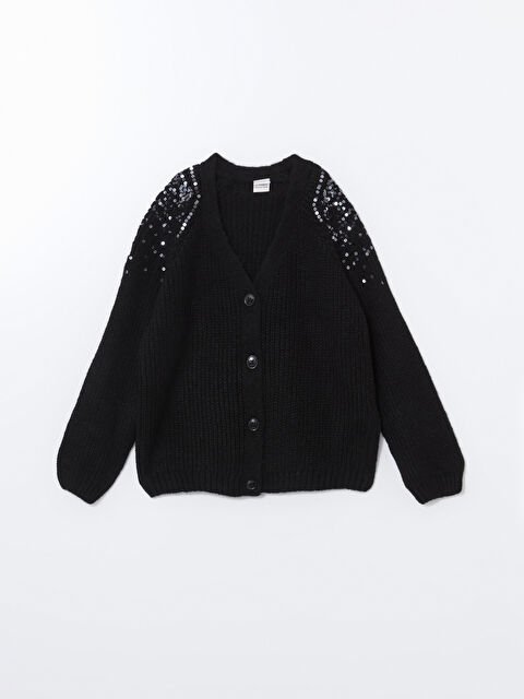 LCW Kids V Yaka Pul İşlemeli Kız Çocuk Triko Hırka - W4GS48Z4-CVL