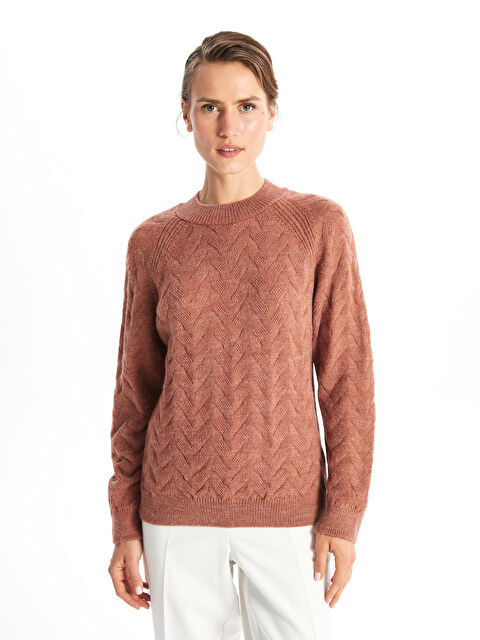 LCWAIKIKI Basic Bisiklet Yaka Kendinden Desenli Kadın Triko Kazak - W4GU77Z8-Y9Y