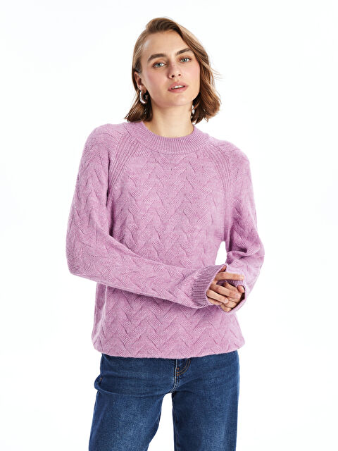 LCWAIKIKI Basic Bisiklet Yaka Kendinden Desenli Kadın Triko Kazak - W4GU77Z8-GBT