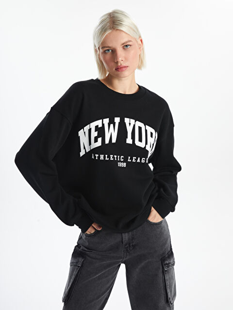 XSIDE Bisiklet Yaka Baskılı Oversize Kadın Kalın Sweatshirt - W4H303Z8-CVL