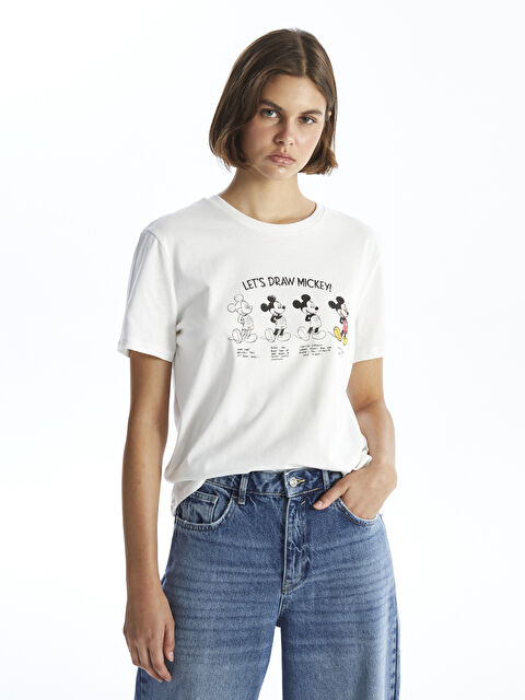 LCW Vision Bisiklet Yaka Mickey Mouse Baskılı Kısa Kollu Kadın Tişört - W4H316Z8-R9J