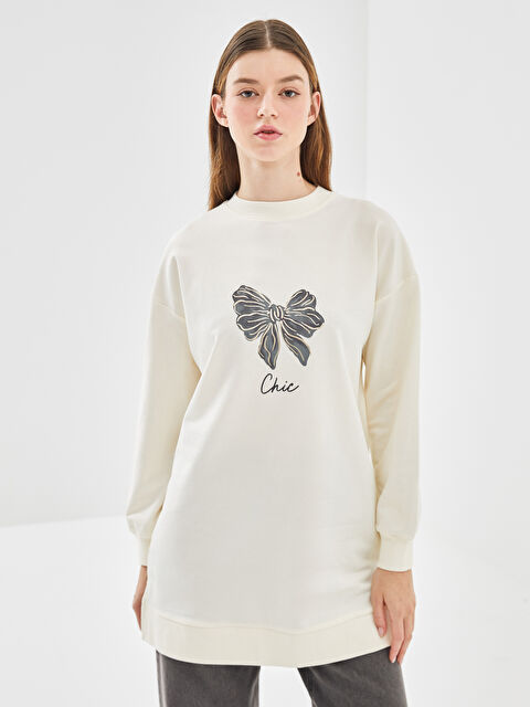 LCW Modest Bisiklet Yaka Baskılı Kadın Sweatshirt Tunik - W4H404Z8-FDL