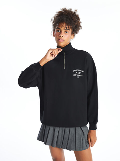 XSIDE Dik Yaka Nakışlı Oversize Kadın Kalın Sweatshirt - W4H472Z8-CVL