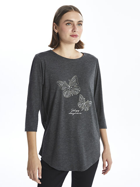 LCWAIKIKI Basic Bisiklet Yaka Parlak Taşlı Uzun Kollu Kadın Bluz - W4H540Z8-D3A