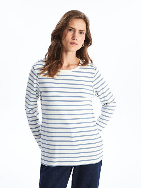 LCWAIKIKI Basic Bisiklet Yaka Çizgili Kadın Tişört - W4H561Z8-LEN