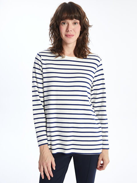 LCWAIKIKI Basic Bisiklet Yaka Çizgili Kadın Tişört - W4H561Z8-LGS