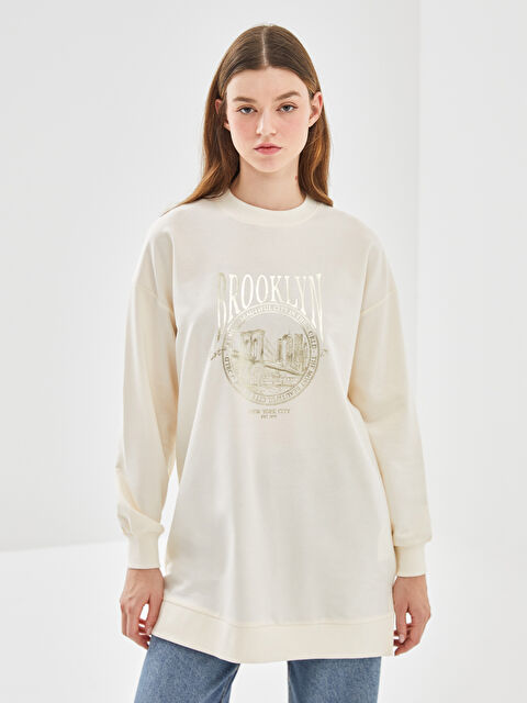 LCW Modest Bisiklet Yaka Baskılı Oversize Kadın Sweatshirt Tunik - W4H712Z8-FDP