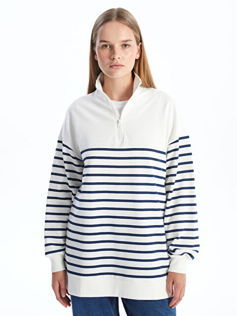 LCW Modest Dik Yaka Çizgili Kadın Sweatshirt Tunik - W4H742Z8-LGS