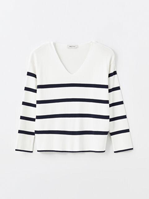 LCW Vision V Yaka Çizgili Uzun Kollu Kadın Triko Kazak - W4H781Z8-LGS