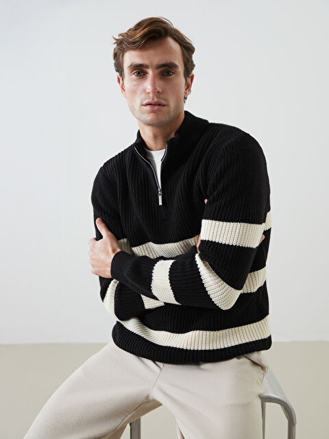 LCW Vision Dik Yaka Uzun Kollu Çizgili Erkek Triko Kazak - W4H990Z8-CVL