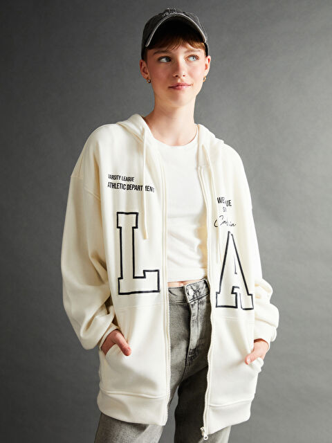 XSIDE Kapüşonlu Baskılı Oversize Kadın Kalın Fermuarlı Sweatshirt - W4HB61Z8-YMU