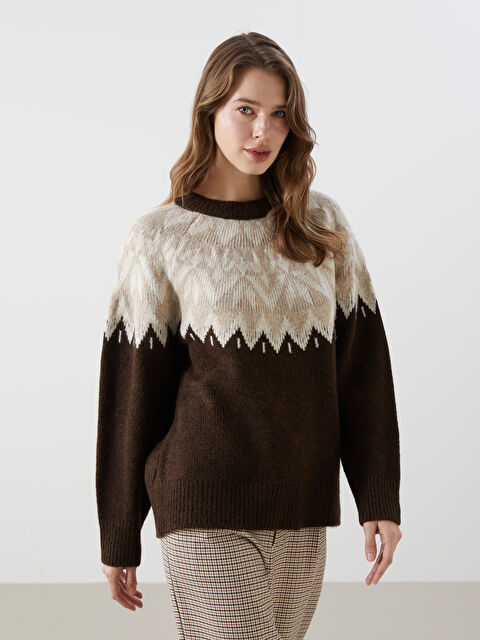 LCW Modest Bisiklet Yaka Desenli Kadın Triko Kazak - W4HD04Z8-MJD