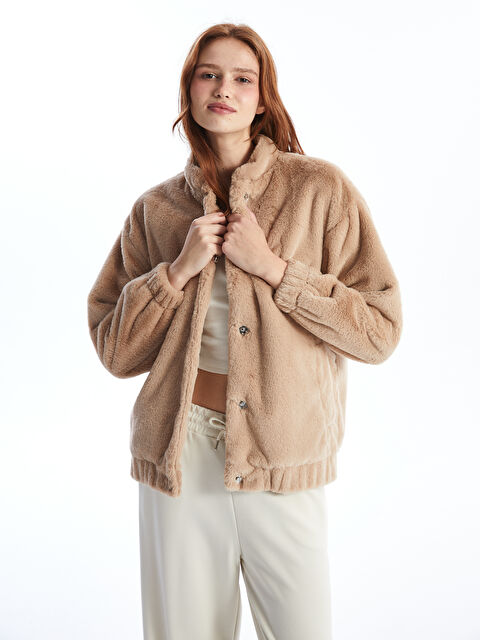 XSIDE Dik Yaka Düz Oversize Kadın Pelüş Mont - W4HF95Z8-Q6M