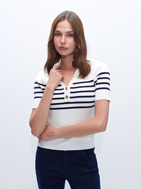 LCW Vision Polo Yaka Çizgili Kadın Triko Kazak - W4HG86Z8-LFC