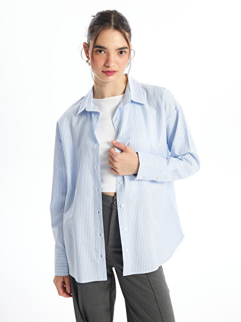 XSIDE Çizgili Uzun Kollu Oversize Kadın Gömlek - W4HH62Z8-LEH