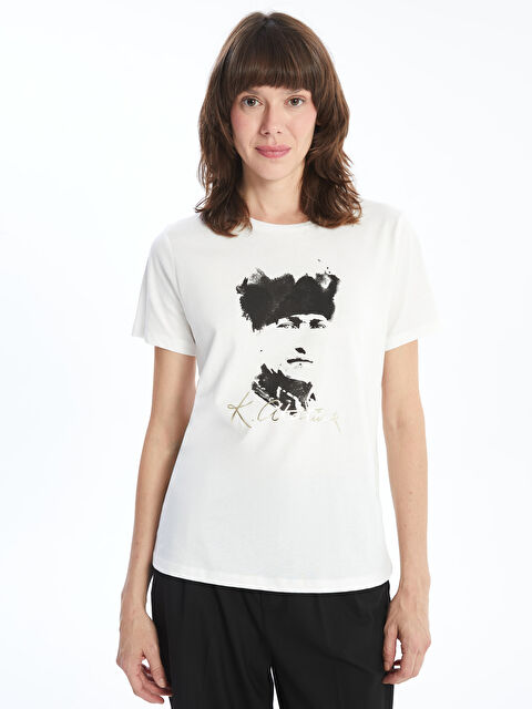 LCWAIKIKI Basic Bisiklet Yaka Atatürk Baskılı Kadın Tişört - W4HI18Z8-R9J